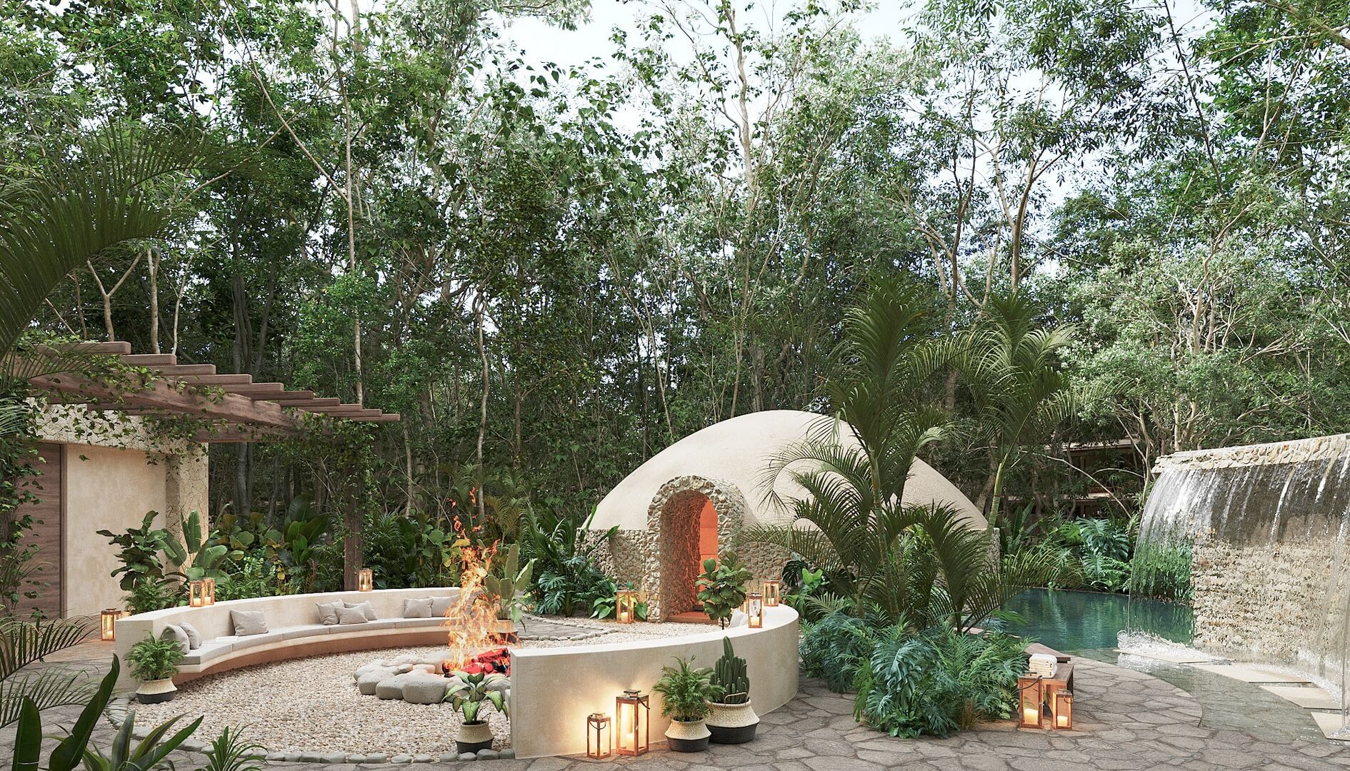 Temazcal, agua y fuego integrados a la vegetaci&oacute;n de Helora