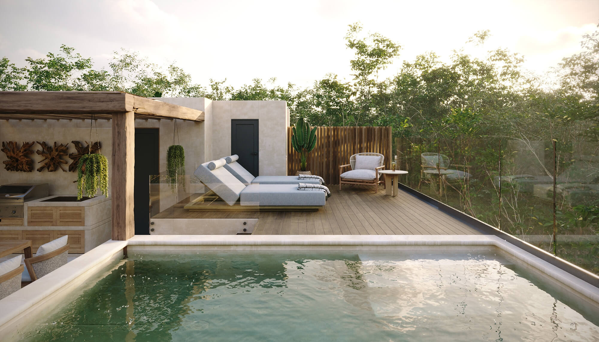 Roof garden con alberca y solarium en una residencia Helora